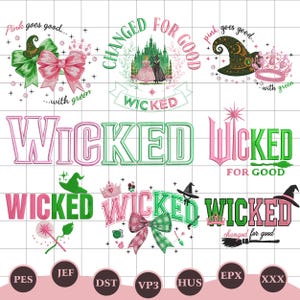 May include: A collection of digital designs featuring text and graphics related to the musical "Wicked." Designs include text that says "Wicked" in pink and green, witch hats, bows, and a castle.
