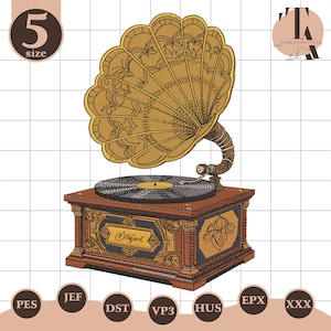 May include: An embroidered design of a vintage gramophone. The gramophone features a large, ornate horn, a record, and a wooden cabinet. The design is in shades of brown and gold, with intricate detailing. The word "Draford" is on the cabinet.