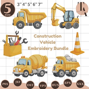 May include: An embroidery bundle featuring various yellow construction vehicles, including a dump truck, excavator, cement mixer, and a truck carrying rocks. Also includes a toolbox, traffic cone, and text that reads "Construction Vehicle Embroidery Bundle."
