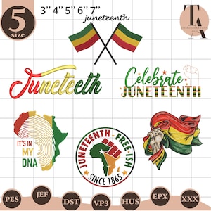 May include: A collection of Juneteenth-themed designs. Includes text that reads "Juneteenth", "Celebrate Juneteenth", and "It's in my DNA". Also features flags, a fist holding a flag, and an Africa map.