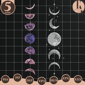 May include: An embroidered design featuring the phases of the moon in shades of pink, purple, and white, set against a black grid background. The design includes crescent moons, a full moon, and stars. The number "5" and the word "size" are in the upper left corner.