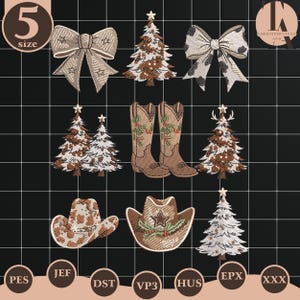 May include: A selection of embroidered Christmas designs, featuring bows, Christmas trees, cowboy boots, and cowboy hats. The designs use brown and white patterns and star accents. The image includes the number "5" and various file type abbreviations.