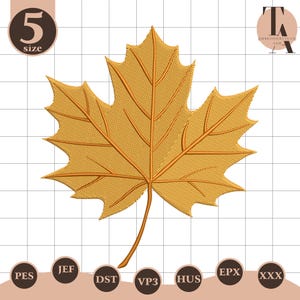 May include: A golden yellow maple leaf embroidery design. The leaf features detailed vein lines and a textured appearance. The design is labeled "5 size" and includes file type options. The overall theme is autumn or fall.