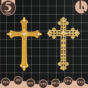 Op de afbeelding: Twee goudkleurige kruisontwerpen. Het kruis links heeft een zonne-uitbarsting in het midden en decoratieve accenten. Het kruis rechts heeft een sierlijk filigraanontwerp. De afbeelding bevat het woord "size" en bestandstype-afkortingen.