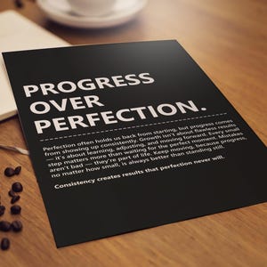 Fortschritt über Perfektion Wandkunst, Motivationsposter, aufbauendes Zitat Typografie Print, positive Affirmation Poster, Haus- und Bürodekor