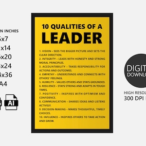 10 Qualities of a Leader, Motivational Leadership Traits Wall Art, Leadership Quotes Entrepreneur Leader Quote Office decor Digital Download