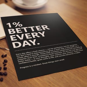 Arte de parede 1% melhor a cada dia, pôster com citação inspiradora, citação sobre mentalidade e crescimento, decoração motivacional para escritório de empreendedor, download digital