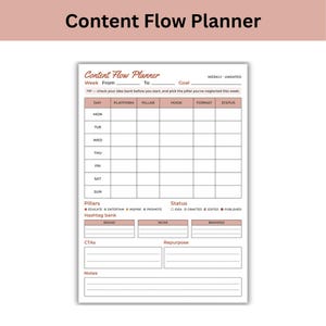 May include: A white Content Flow Planner sheet with dusty rose accents. It features a weekly schedule grid for Monday through Sunday, columns for platform, pillar, hook, format, and status, plus sections for a hashtag bank, CTAs, and notes.