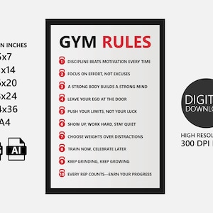 Gym Rules Exercise Wall Art, Fitness, Workout Motivational Poster, Discipline Quotes Inspirational Gym Weightlifting Quote Home Office Decor