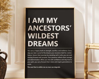 May include: A framed black and white print with the text "I AM MY ANCESTORS' WILDEST DREAMS." The print includes a motivational quote about legacy, strength, and resilience. The frame is a light brown color.