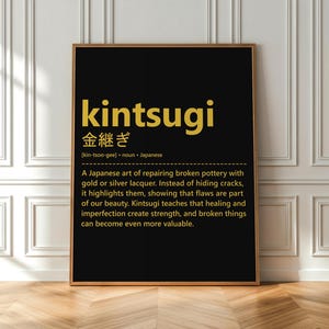 Definición de Kintsugi: Arte mural de reparación dorada, lámina de filosofía japonesa, póster con cita sobre la belleza rota, decoración para sanar imperfecciones (descarga digital)