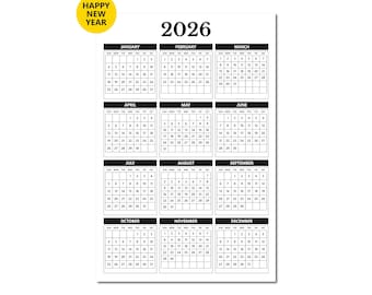 2026 One-Page Printable Wall Calendar, Full Year Wall Planner, Monday & Sunday Start Instant Download