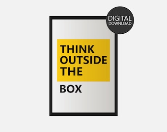 Think Outside The Box-poster, zakelijke citaatafdruk, werk motiverende citaten, minimalistische typografie, afdrukbare inspirerende kunst aan de muur