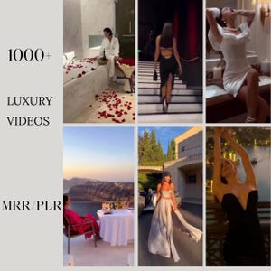 May include: A collage of six images showcasing luxury lifestyle scenes. The images include a woman in a white robe, a woman in a black dress, a woman in a white dress, a woman in a pink dress, a woman in a two-piece outfit, and a woman in a black dress. Text overlay reads "1000+ Luxury Videos MRR/PLR".