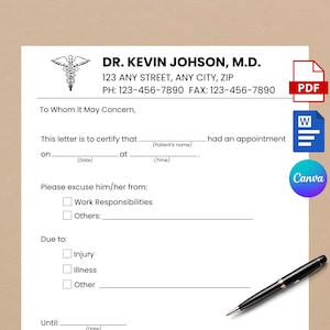 Plantilla de excusa médica, carta de excusa editable, excusa médica para el trabajo, notas médicas, descarga instantánea, MS Word, Canva
