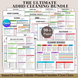 The Ultimate ADHD Cleaning Planner Bundle, ADHD Cleaning Checklist, ADHD Chore Chart, Home Cleaning Schedule, Family Chore Chart, Editable