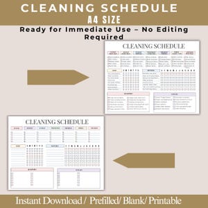 May include: A4 size cleaning schedule printable with a detailed checklist. The design includes sections for daily, monthly, quarterly, and annual tasks. The text reads "Ready for Immediate Use - No Editing Required" and "Instant Download / Prefilled/ Blank/ Printable."