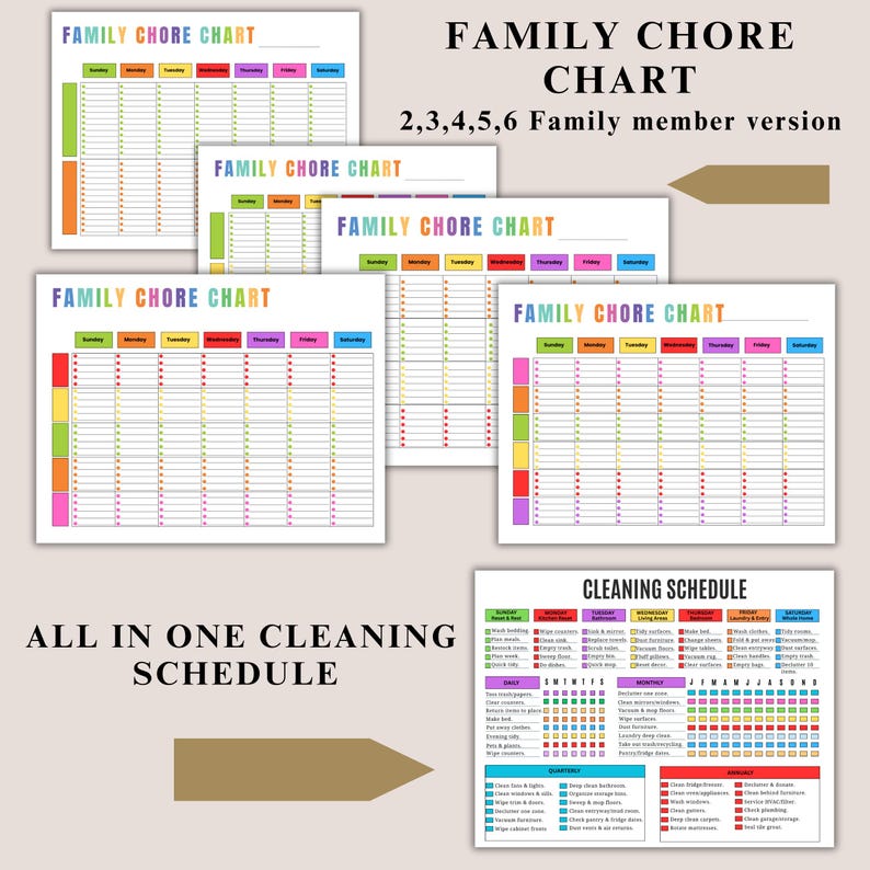 May include: A collection of printable chore charts and a cleaning schedule. The charts are labeled "Family Chore Chart" and are designed for 2, 3, 4, 5, or 6 family members. The cleaning schedule is labeled "All in One Cleaning Schedule."