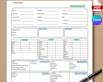 Nurse Report Sheet | Nurse Brain Sheet, Nurse Report Template, Nurses Resources, PDF, Editable, Instant Download,