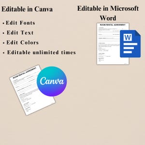 May include: A digital graphic promoting editable templates. The text reads "Editable in Canva" and "Editable in Microsoft Word." Additional text includes "Edit Fonts," "Edit Text," and "Edit Colors." A "Canva" logo is visible.