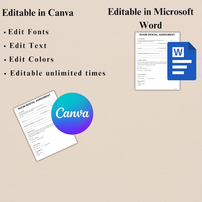 May include: A digital graphic promoting editable templates. The text reads "Editable in Canva" and "Editable in Microsoft Word." Additional text includes "Edit Fonts," "Edit Text," and "Edit Colors." A "Canva" logo is visible.