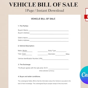 Vehicle Bill of Sale \  Printable Motor Vehicle Sale Contract \ Vehicle Bill of Sale Template \Editable PDF. Instant Download
