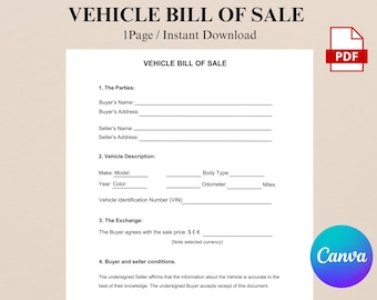 Vehicle Bill of Sale \  Printable Motor Vehicle Sale Contract \ Vehicle Bill of Sale Template \Editable PDF. Instant Download