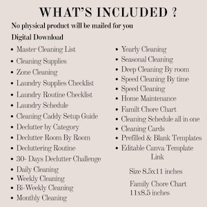 May include: Digital download with a list of cleaning and decluttering templates. Includes checklists, schedules, and guides for various cleaning tasks, such as daily, weekly, and monthly routines. The image also includes a family chore chart.