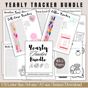 May include: A collection of printable yearly trackers with different designs. The trackers include a self-care tracker, coffee tracker, and transformation progress tracker. The bundle includes 65+ pages and is available in US Letter, A4, and A5 sizes.