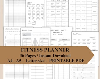 Workout Planner, Fitness Journal Printable, Workout Tracker, Weight Loss Challenge, Health Planner PDF, 36 Pages, Instant Download