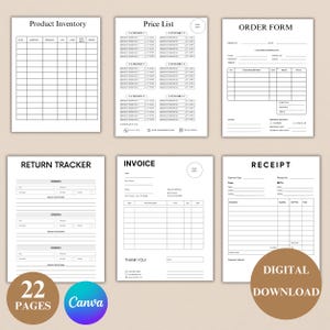 May include: A set of 22 printable pages for a small business, including forms for product inventory, price list, order form, return tracker, invoice, and receipt. The pages are designed in a minimalist black and white style.