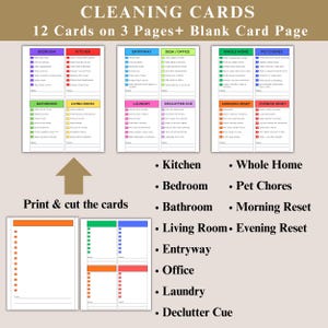 May include: Printable cleaning cards with checklists for various rooms, including kitchen, bedroom, and bathroom. The cards are organized on three pages, with a blank card page. The text on the cards includes "Cleaning Cards" and "12 Cards on 3 Pages+ Blank Card Page."
