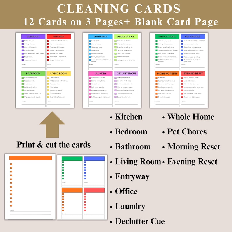 May include: Printable cleaning cards with checklists for various rooms, including kitchen, bedroom, and bathroom. The cards are organized on three pages, with a blank card page. The text on the cards includes "Cleaning Cards" and "12 Cards on 3 Pages+ Blank Card Page."