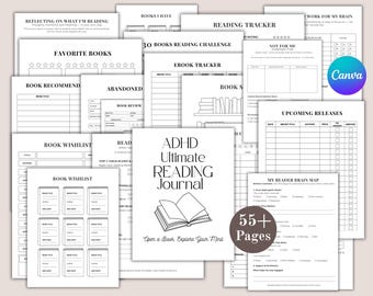 ADHD Reading Planner, Book Reading Journal Bundle, Reading Challenge, Book Review, Editable, Printable Journal, Book Trackers, Canva
