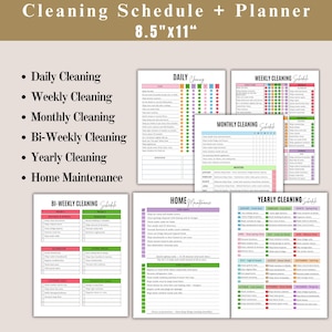 May include: A cleaning schedule and planner, measuring 8.5" x 11", with sections for daily, weekly, monthly, bi-weekly, and yearly cleaning, plus home maintenance. The planner includes checklists and color-coded sections for easy organization.
