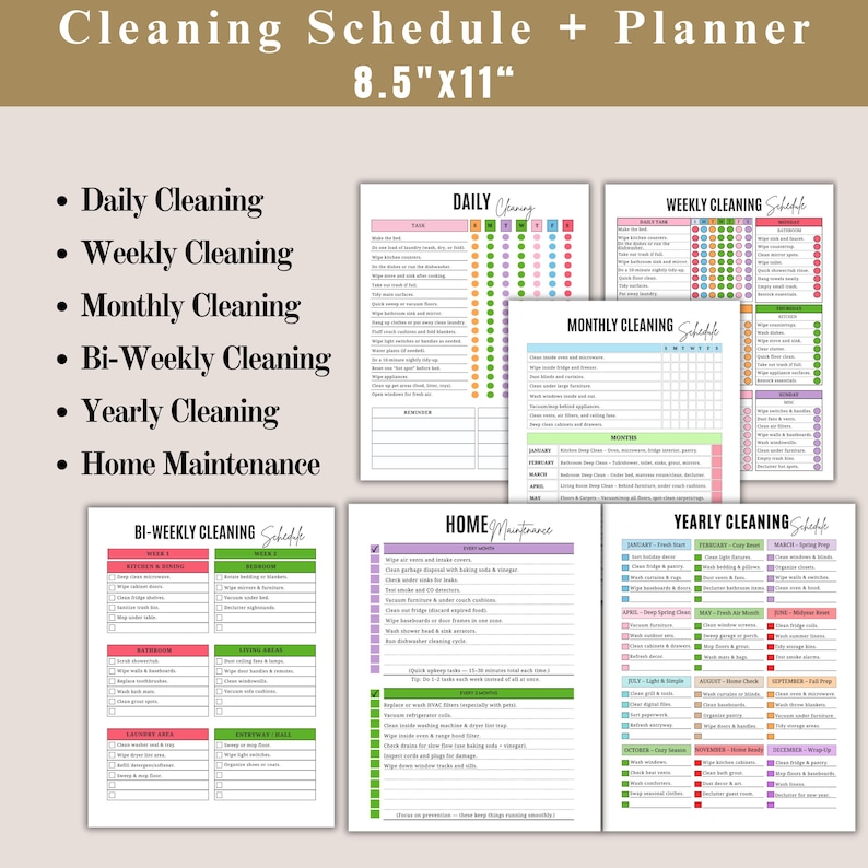May include: A cleaning schedule and planner, measuring 8.5" x 11", with sections for daily, weekly, monthly, bi-weekly, and yearly cleaning, plus home maintenance. The planner includes checklists and color-coded sections for easy organization.
