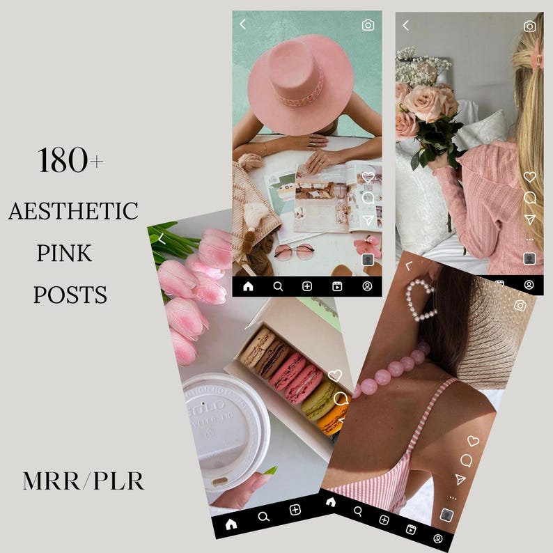 May include: A collage of aesthetic pink images, including a pink hat, macarons, flowers, and a pink top. Text reads "180+ Aesthetic Pink Posts" and "MRR/PLR". The images are arranged on a light gray background.