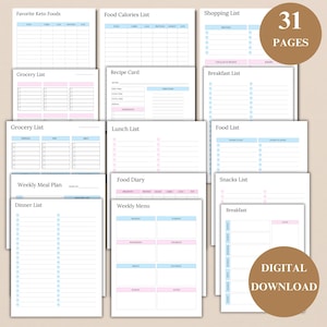 Wöchentlicher Mahlzeitenplaner zum Ausdrucken, Einkaufsliste PDF, DIY-Rezept, wöchentliches Food Journal, 7-Tage-Menüplan, Food-Planer, US Letter-Größe