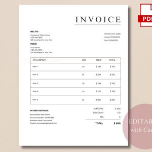 Invoice Template - Minimalist Business Invoice, Small Business Template, Client Invoice, Editable Invoice Template, Services Invoice