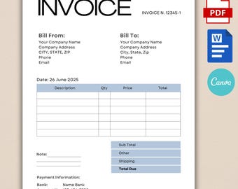 Editable Invoice Template, Custom Invoice Form, Invoice Template For Small Business, Blank Billing Template, Canva Template, Word, PDF.