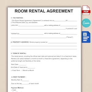 Printable Room Rental Agreement Template, Editable Room Tenancy Agreement, Simple Roommate Room Rental Agreement, PDF, Word Canva