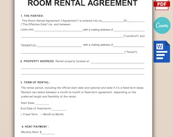 Printable Room Rental Agreement Template, Editable Room Tenancy Agreement, Simple Roommate Room Rental Agreement, PDF, Word Canva