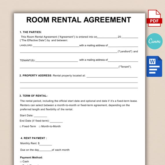 Printable Room Rental Agreement Template, Editable Room Tenancy Agreement, Simple Roommate Room Rental Agreement, PDF, Word Canva