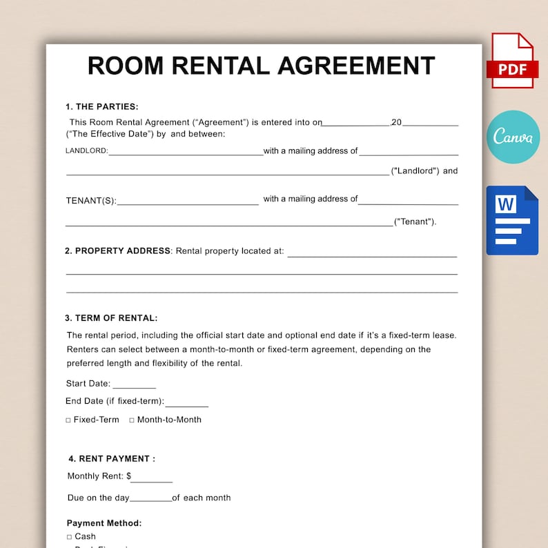 May include: A white Room Rental Agreement document with black text. The document includes sections for parties, property address, term of rental, and rent payment. The document has a PDF icon, a Canva icon, and a Word icon on the right side.