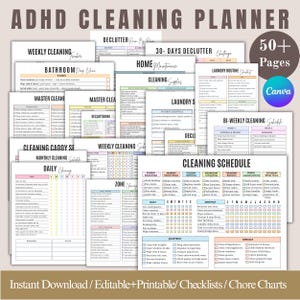 May include: A set of printable ADHD cleaning planners with different layouts, including weekly, monthly, and daily schedules. The pages feature checklists, chore charts, and decluttering challenges. The text includes "ADHD Cleaning Planner" and "Instant Download".