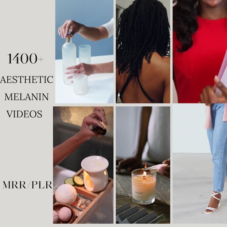 May include: A collage featuring various self-care items and activities. Includes a person holding a bottle, a person with black hair, a person in a red top, a person using essential oils, a lit candle, and the text "1400+ AESTHETIC MELANIN VIDEOS MRR/PLR."