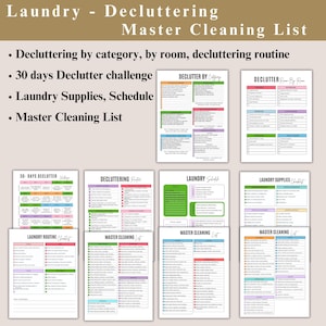 May include: A collection of printable cleaning and decluttering checklists. The image includes lists for decluttering by category, room, and routine, a 30-day declutter challenge, laundry supplies, and a master cleaning list. The text is in a variety of colors.