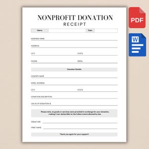 Printable Nonprofit Donation Receipt, Charity Donation Gift Receipt, Digital Download Template for Charitable Donors, PDF, Word