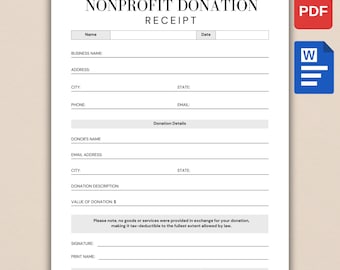 Reçu de don imprimable à but non lucratif, reçu de don de charité, modèle de téléchargement numérique pour les donateurs de bienfaisance, PDF, Word
