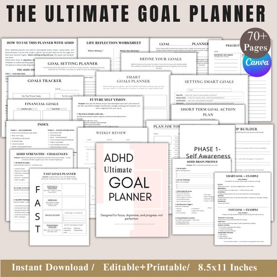 Printable ADHD Goal Planner, Adhd Daily Planner, ADHD Productivity Journal, Yearly Goals, Daily Weekly Monthly, , Editable Adhd Planner